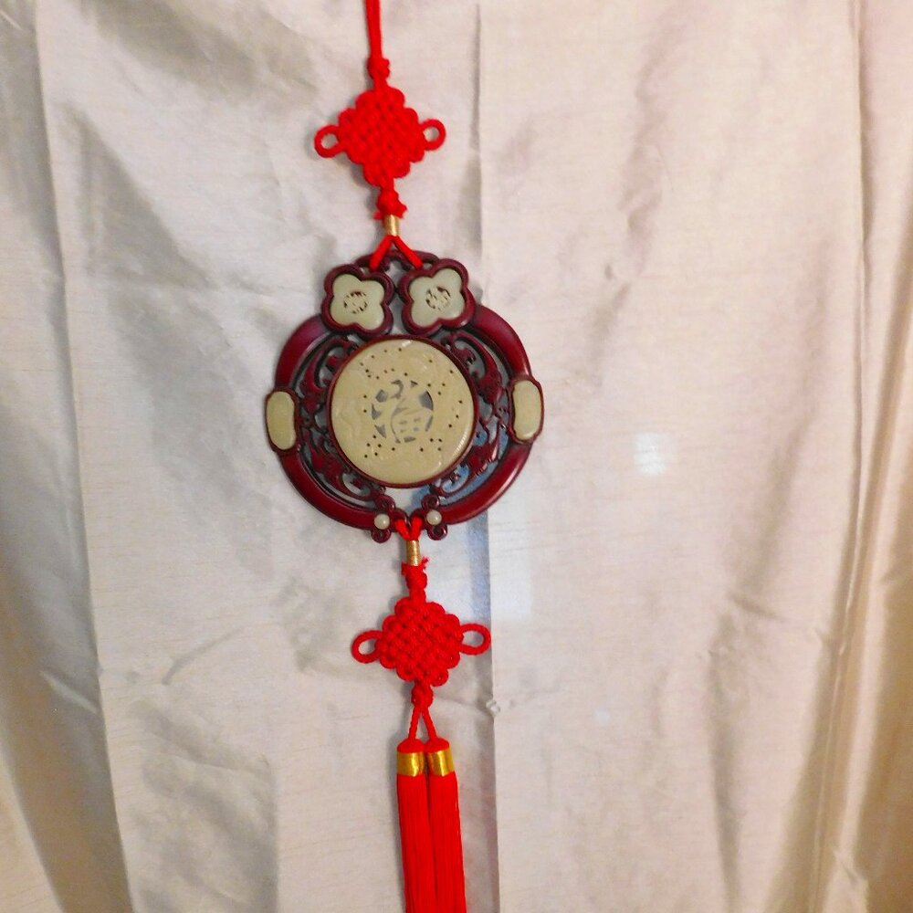 Chinese Happy Buddha Red Knot Wall Hanging Wood and Faux Jade